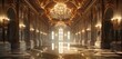 Lavish ballroom features resplendent chandelier, gleaming against polished marble backdrop.