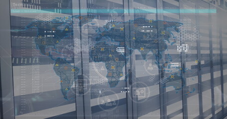 Poster - Image of icons in circles and geometric shapes over map against server room