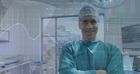 Poster - Image of statistical data processing over caucasian male surgeon smiling at hospital