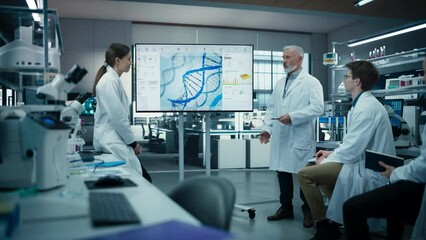 Leinwandbilder - Group of Talented Female and Male STEM Students Having a Meeting with Their Senior Teacher in a Modern Laboratory. Professor Showing a Presentation About Biochemistry or
Biophysics on Screen