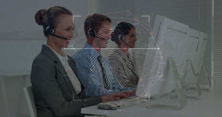 Poster - Image of data processing and fingerprint over caucasian business people in office