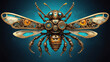 Futuristic steampunk insect, richly decorated with details in copper, gold coloured metal and green, blue glass.