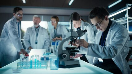 Leinwandbilder - Modern Medicine Research Laboratory: Diverse Team of Smart Young Scientists Conducting an Experiment Under Senior Professor's Supervision. Advanced Microbiology Lab with High Tech Equipment