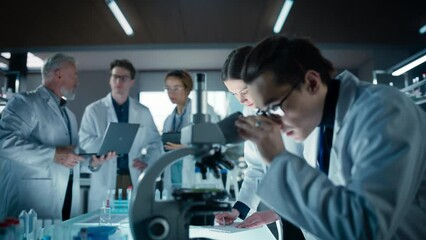 Aufkleber - Head of Laboratory Making a Bioengineering Experiment with a Group of Young Science College Students. Future Specialists Working with Modern Microscopes, Using Tablet and Laptop Computers