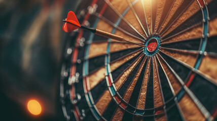 Wall Mural - Dart arrow hitting in the target center of dartboard. Manager show the business goal setting concept, Target Growth development planning, Organizational growth and objectives