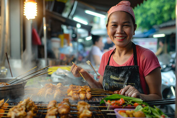 Asian woman selling grilled chicken on street food market in Bangkok, Thailand