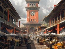 A Busy Market Scene With A Large Clock Tower In The Background. The Market Is Bustling With People And There Are Many Stalls Selling Various Items. The Atmosphere Is Lively And Vibrant