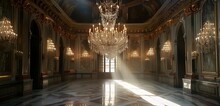 Ornate Chandelier Hangs Gracefully In Grand Ballroom, Casting Light On Marble.