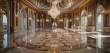 Pristine Marble Floor Gleams Under Majestic Chandelier In Extravagant Ballroom.