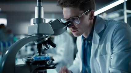 Fototapete - Close Up Portrait of a Young Microbiologist Wearing Glasses and Looking Through the Microscope, Analyzing Sample Cells. Cheerful Scientist Working in a Medical Science Laboratory