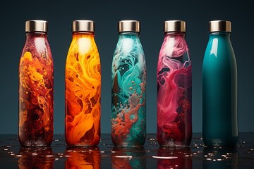 Fashionable water bottle designs, colorful and imaginative, functional art ,close-up,ultra HD,digital photography