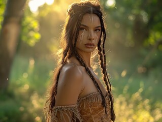 Poster - A woman with long hair and a necklace is standing in a field. The image has a warm and natural feel to it, with the woman's hair and the surrounding environment creating a sense of peace