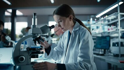 Leinwandbilder - Female Bioengineer Looking at DNA Samples Under a Microscope in a Modern Applied Science Laboratory. Portrait of a Young Lab Engineer in White Coat Working with Colleagues
