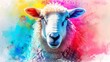   A tight shot of a sheep's face adorned with multicolored paint splatters