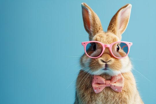 An adorable Easter concept depicted in close-up with a bunny donning sunglasses and set on a blue background with text space, Generative AI.