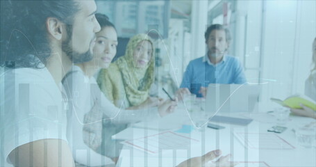 Poster - Image of data processing over diverse business people at office