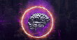 Image of digital brain with fire circle and purple smoke over cityscape