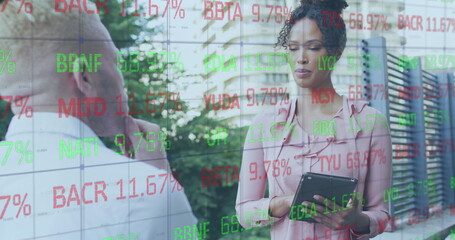 Canvas Print - Image of financial data processing over diverse business people in office