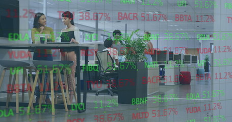 Poster - Image of financial data processing over diverse business people in office
