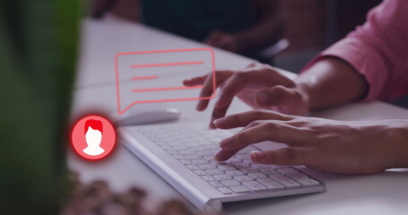 Poster - Image of social media icons and data processing over woman using computer