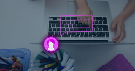 Poster - Image of social media icons and data processing over woman using laptop
