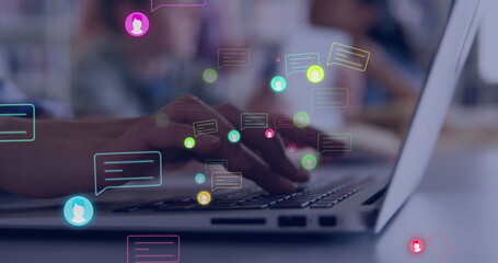 Poster - Image of social media icons and data processing over woman using computer