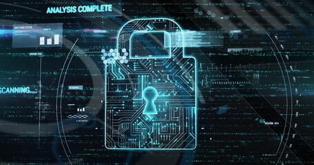 Poster - Image of multiple texts, graph and circuit board pattern in padlock against abstract background