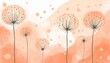 Background, wallpaper with dandelion flowers, stones, plants and leaves in peach fuzz color. Flower meadow