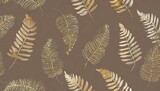 Fototapeta  - Background, wallpaper with golden fern leaves on a brown background. Graphics with a delicate plant motif