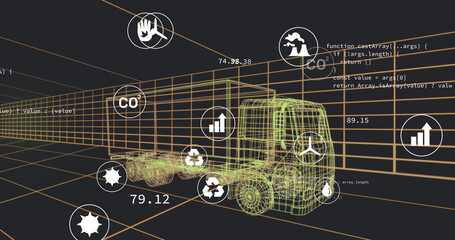 Poster - Image of digital car interface and eco icons over 3d model of car