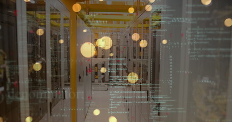 Wall Mural - Image of data processing and yellow glowing spots falling against computer server room