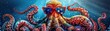 © ธนากร บัวพรหม - Octopus cartoon in sunglasses, USA flag pattern, blue, red, white, sunlit background, playful design  , 8K , high-resolution, ultra HD,up32K HD