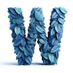 Wall Mural - The letter W is made out of blue Leaves, Isolated on a white background, leaves font concept, Creative Alphabet, Letters, Natural Blue
