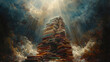 Wisdom Illuminated: Oil Painting of Towering Stack of Books for World Book Day