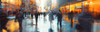 Banner, blurry crowd silhouettes. Motion blur, people walking along a city street.
