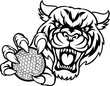 A tiger cat animal sports mascot holding golf ball