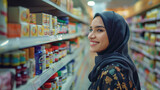 Fototapeta  - Smiling  arabian woman at the pharmacy, in drugstore, store,  buying vitamins