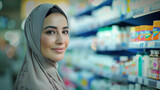 Fototapeta  - Smiling  arabian woman at the pharmacy, in drugstore, store,  buying vitamins