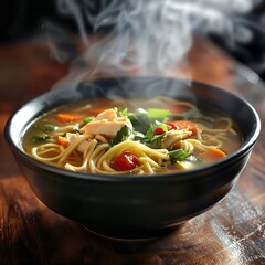 A steaming bowl of aromatic chicken noodle soup 