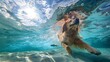 A golden retriever was swimming underwater in the clear blue water of an outdoor pool. It was captured from below with a fisheye lens, and sunlight was creating beautiful reflections on its fur.