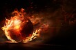 Burning bowling ball with bright flame flying on black background 