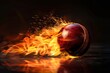 Burning cricket ball with bright flame splash flying on black background