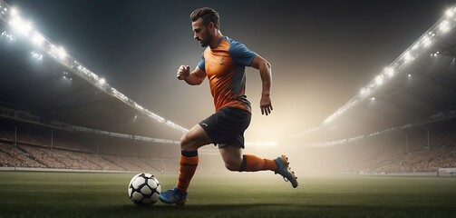 Soccer player in action at the stadium. The concept of a healthy lifestyle.