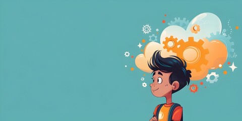 Poster - Curious and Imaginative Boy Lost in His Thoughtful Daydreams Filled with Gears Mechanisms and Endless Possibilities