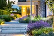 Modern garden landscaping design details. Illuminated pathway in front of residential house. Landscape garden with ambient lighting system
