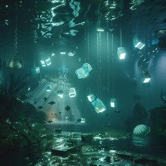 A surreal underwater scene with mysterious