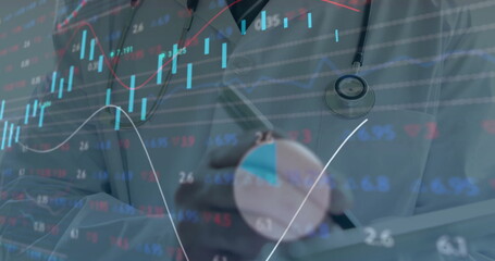 Poster - Image of financial data processing over caucasian male doctor writing