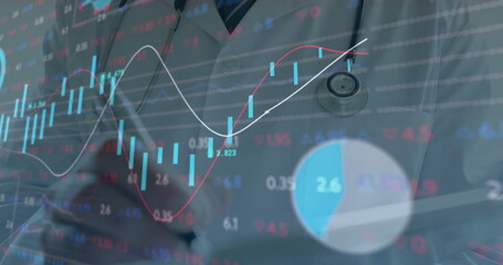 Poster - Image of financial data processing over caucasian male doctor writing