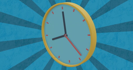 Poster - Image of 3d yellow clock icon rotating over radial stripes on blue background