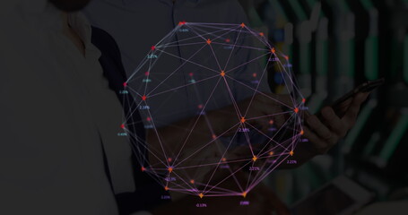 Poster - Image of web of connections with numbers floating over a gorup of people using tablets